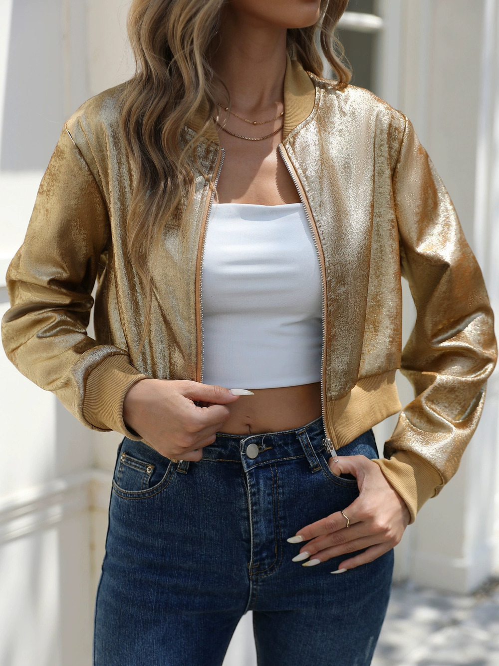 Zara Spring Fall Long Sleeve Zip Gold Foil Casual Jacket